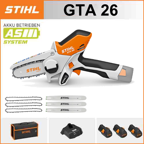 STIHL GTA 26*1, liitiumaku*3, hoiukast*1, juhtplaat*3, kett*3, laadija*1