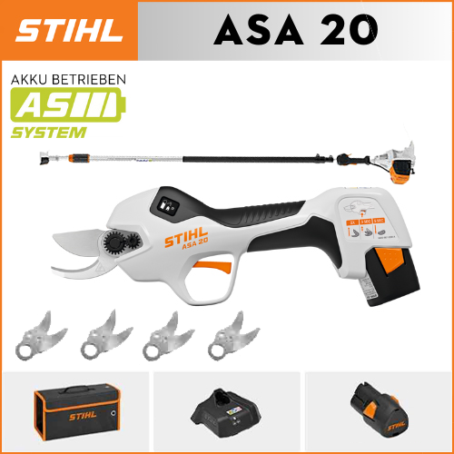 STIHL ASA20*1, liitiumaku*1, hoiukast*1, lõikepead*5, laadija*1, teleskoopvars*1