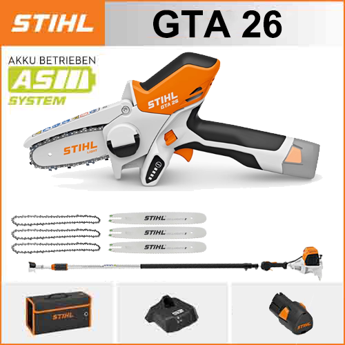 STIHL GTA 26*1, liitiumaku*1, hoiukast*1, juhtvardad*3, ketid*3, laadija*1, teleskoopvars*1